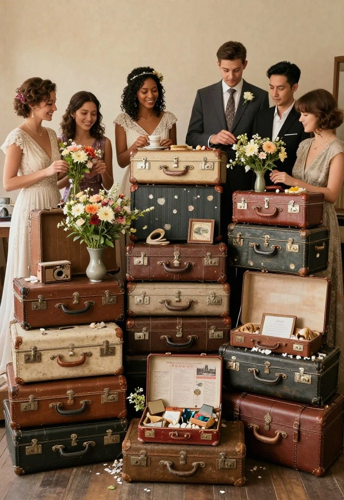 14 Indoor Wedding Backdrop Ideas That Hide Ugly Venue Walls - 10. Vintage Suitcase Display 1