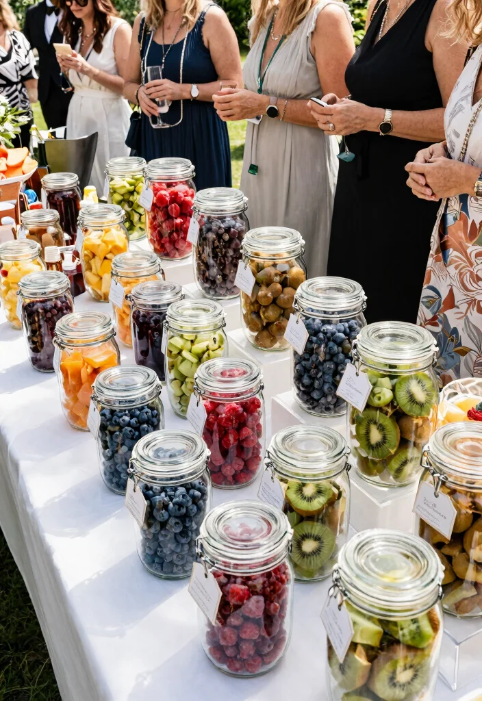 14 Wedding Fruit Table Ideas That Stay Fresh All Reception - 7. Colorful Fruit Jars 1