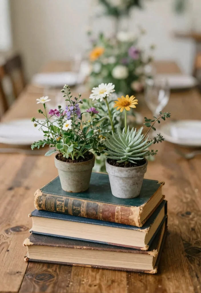 15 Whimsical Wedding Table Decor Ideas That Don't Look Childish - 7. Vintage Books and Nature 1