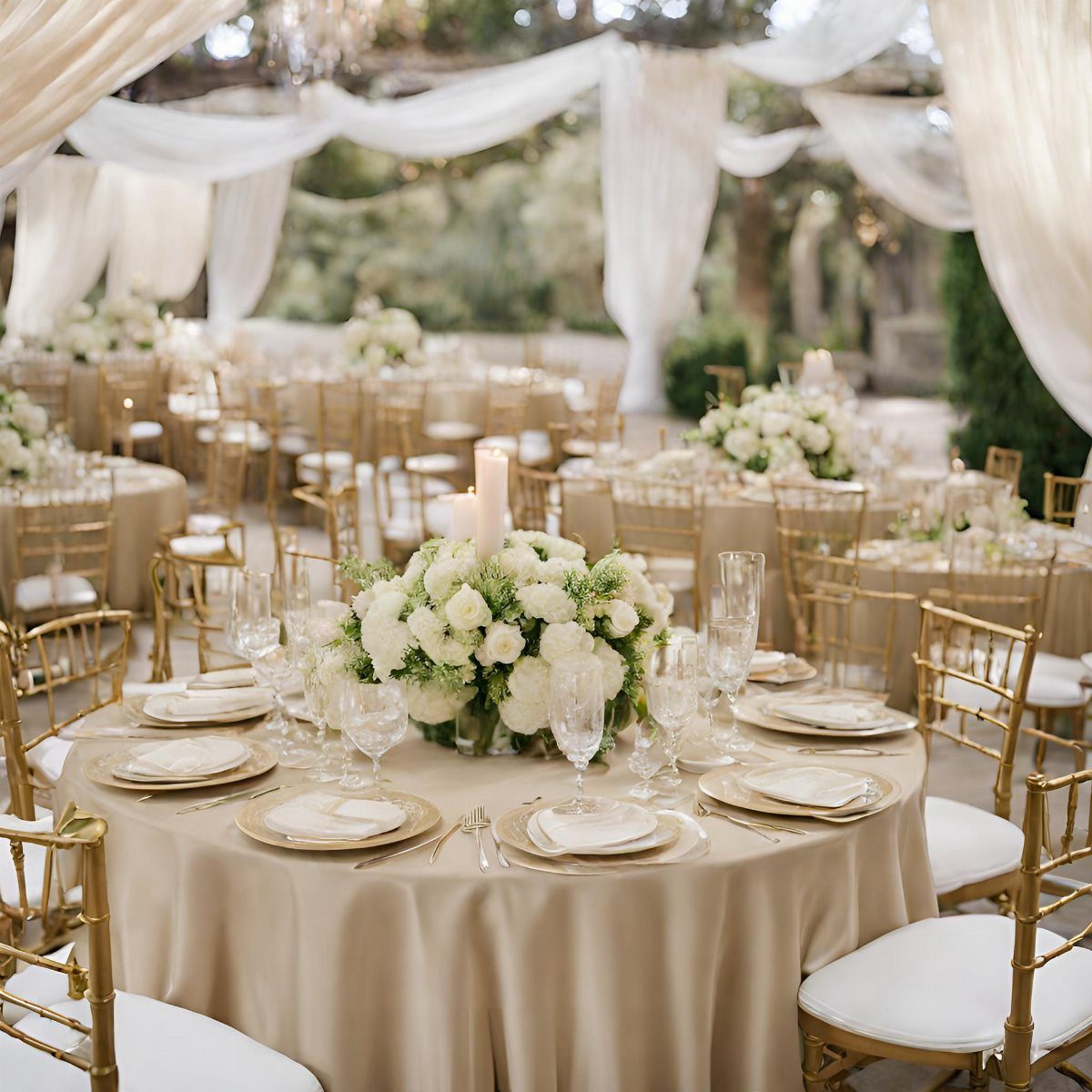 Champagne satin tablecloths on round wedding tables with white floral centerpieces and gold chairs.