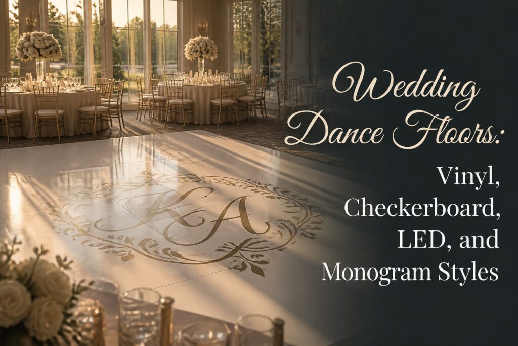 A collection of various wedding dance floor styles and designs.
