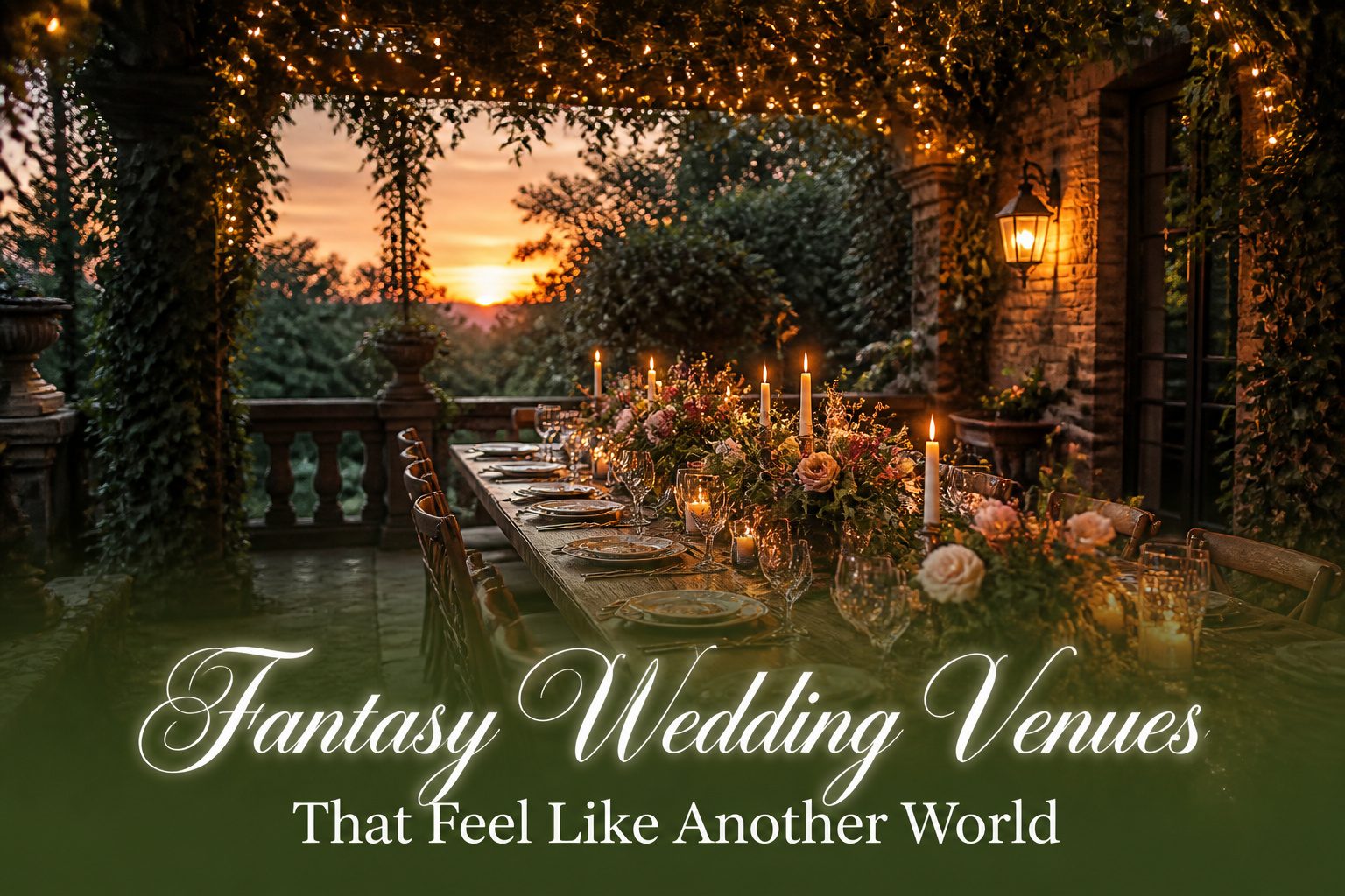 A fantasy wedding venue featuring lush greenery and whimsical decorations.