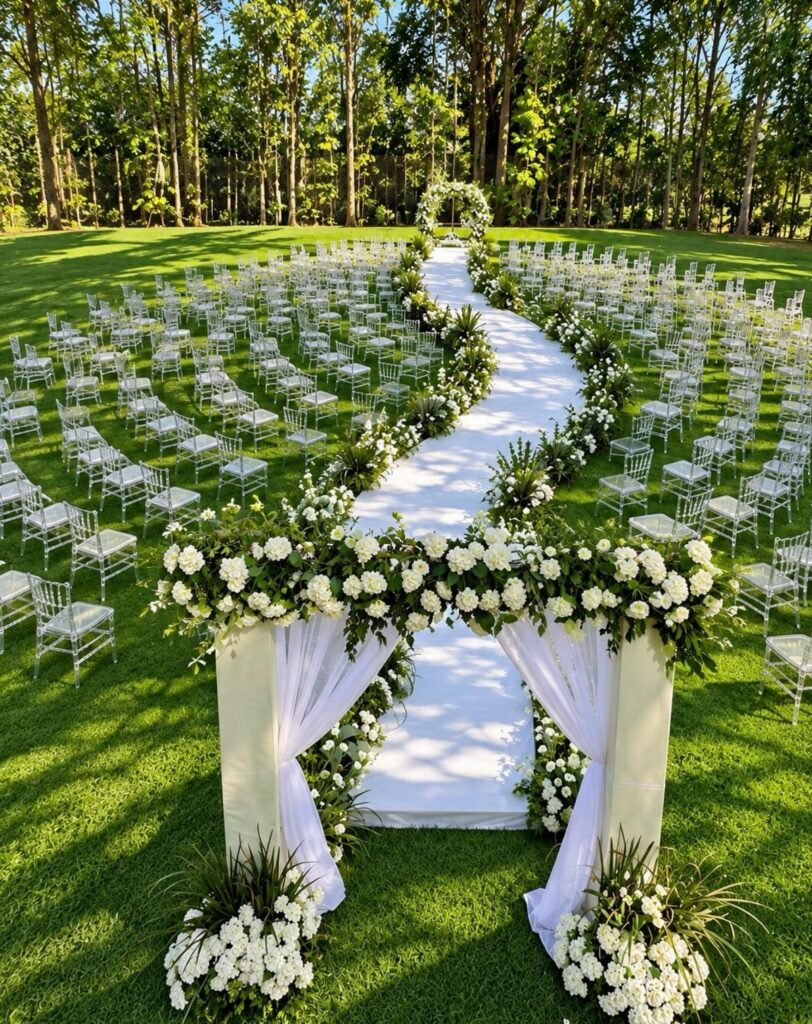 White chairs arranged in circles on a green lawn surrounding a white aisle runner and floral arch.