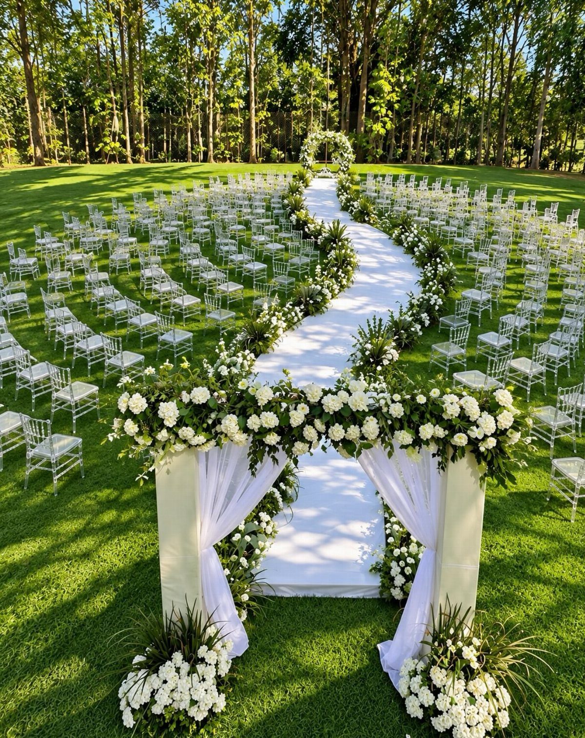 White chairs arranged in circles on a green lawn surrounding a white aisle runner and floral arch.
