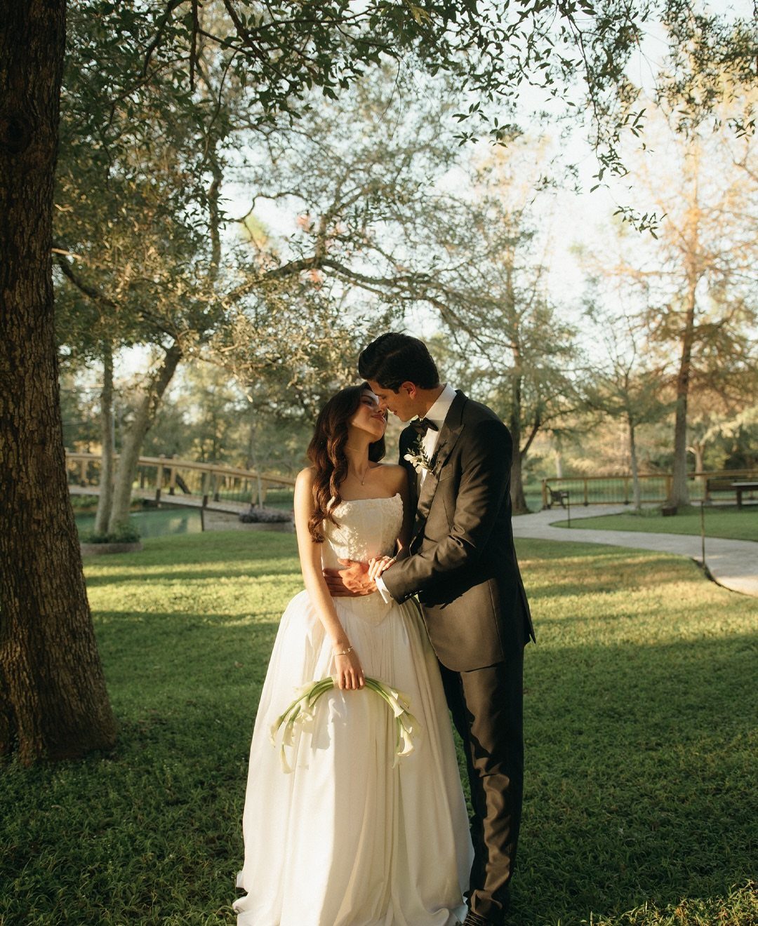 A bride and groom embracing in a sunlit, grassy park setting under large trees.