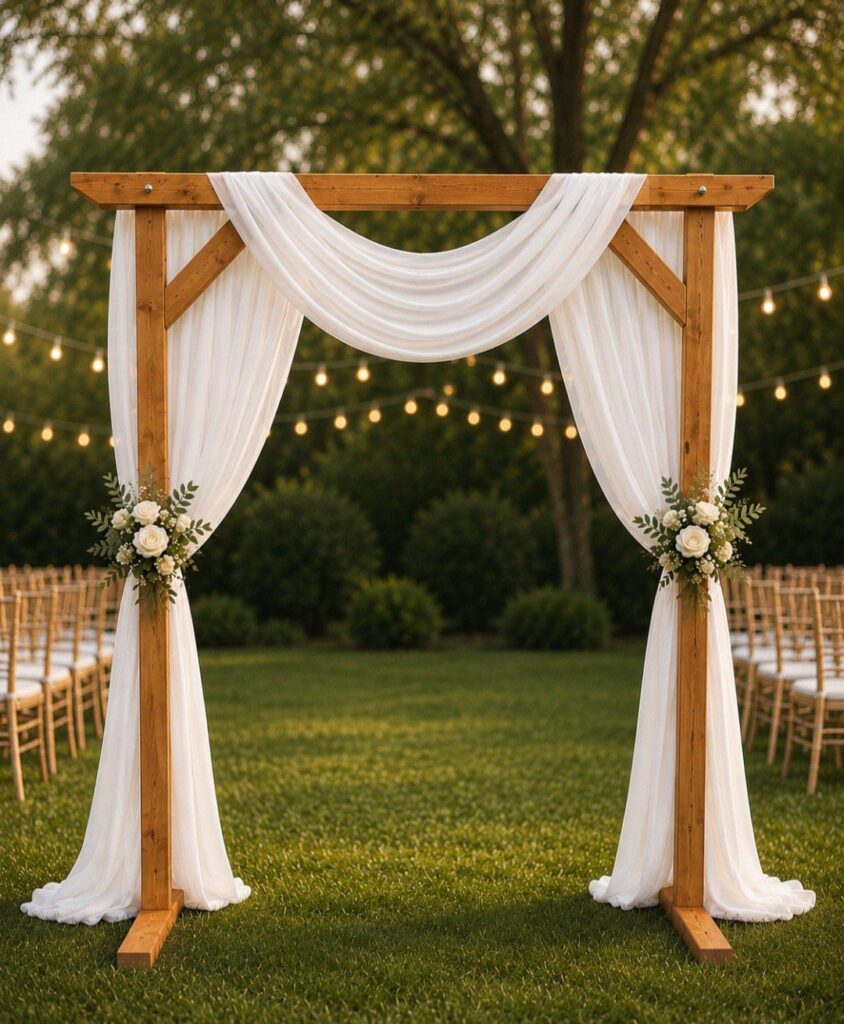 Wooden wedding arch decorated with white fabric drapes and floral bouquets on a green lawn.