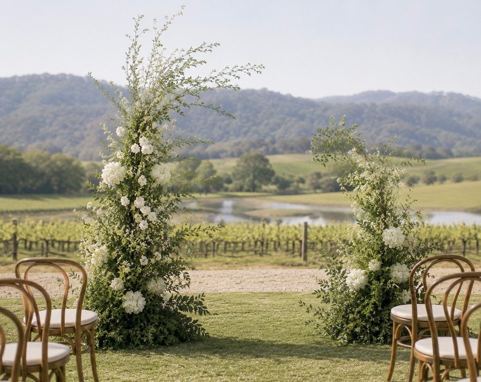 Two tall floral pillars with white flowers standing in a vineyard landscape.