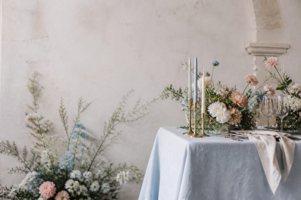 An outdoor wedding setup with various spring color palettes.