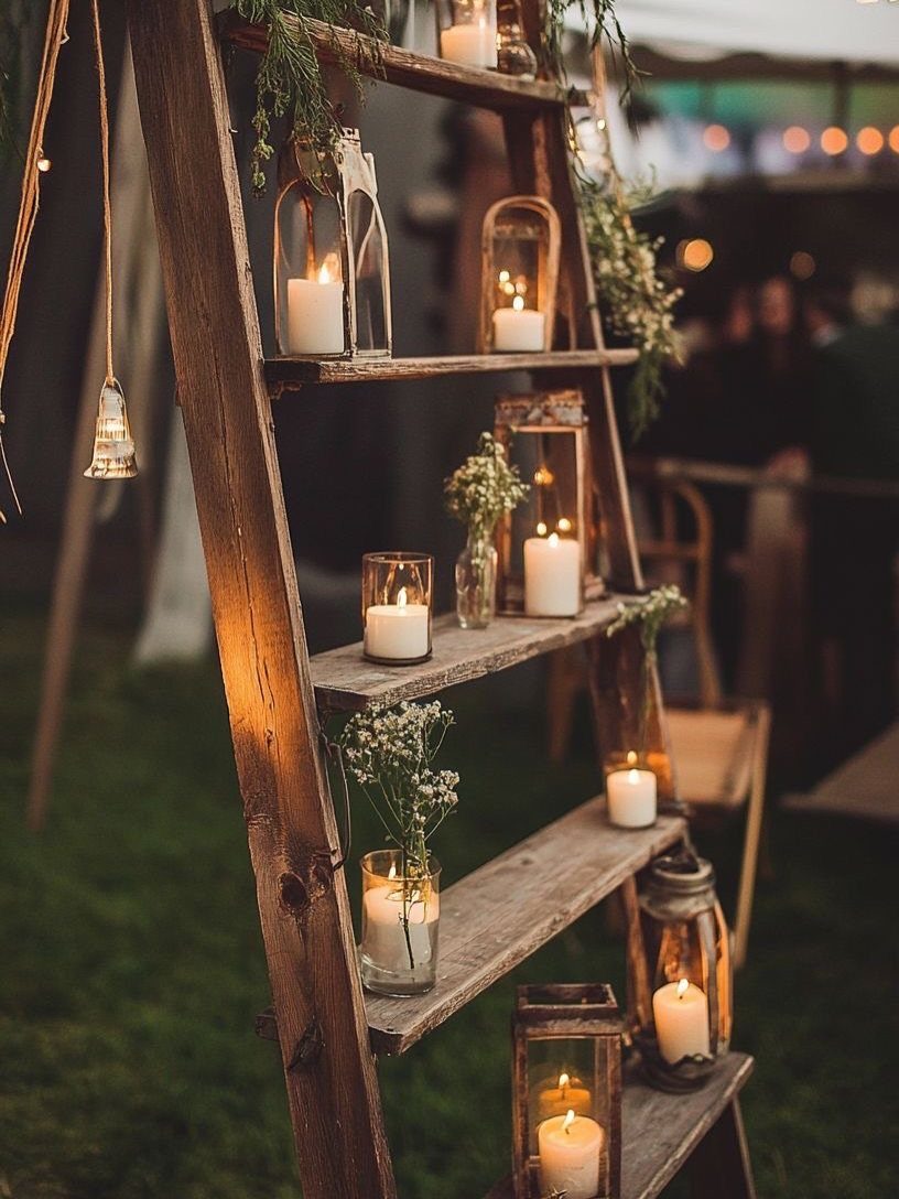 A rustic wooden ladder decorated with glowing candles and white flowers in an outdoor evening setting.